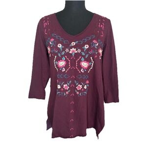 CAITE Women's SMALL‎ Burgundy Floral Embroidered Boho Tunic Blouse 3/4 Sleeve